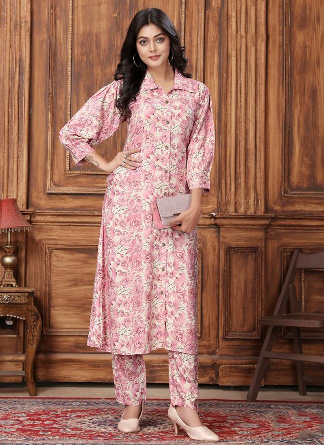 Premium Rayon Pink Casual Wear Printed Readymade Cord Set